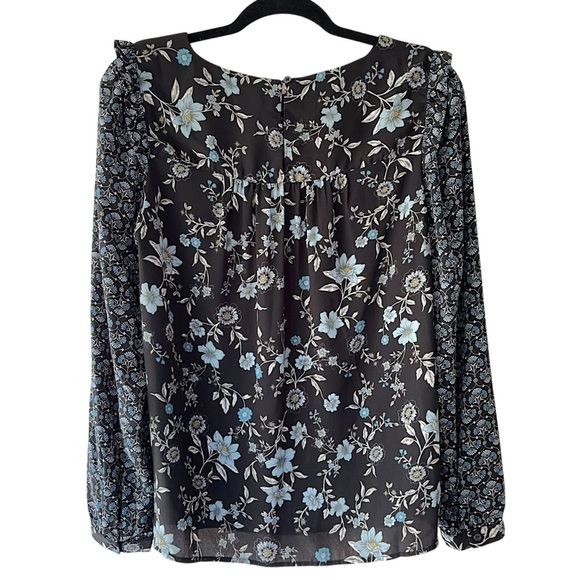 LOFT | NWOT LONG SLEEVE BLACK & CORNFLOWER BLUE FLORAL BOHO TOP RUFFLE YOKE | SM - Picture 8 of 11